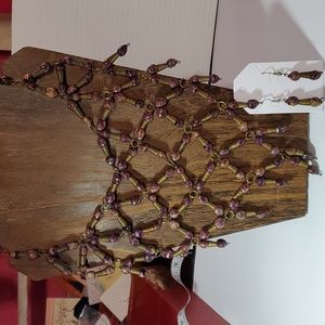 Vintage Handmade Eqyptian bib necklace and earrings 14" drop purple golden brass